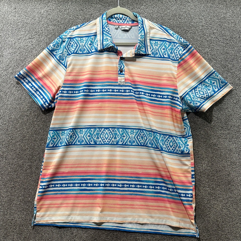 Kenny Flowers Polo Shirt Mens XL Blue Orange Fish Aztec Performance Short Sleeve